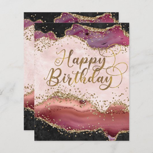 Roze en gouden Agaat Glitter Verjaardag Kaart (Voorkant / Achterkant)
