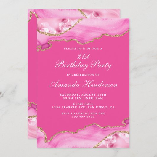 Roze en gouden agaat marmeren uitnodiging (Voorkant / Achterkant)