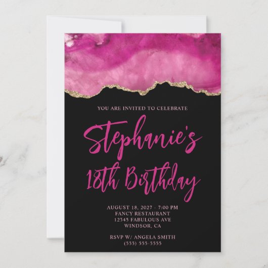 Roze en gouden agaat zwart vet 18e verjaardag kaart (Voorkant)