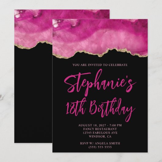 Roze en gouden agaat zwart vet 18e verjaardag kaart (Voorkant / Achterkant)