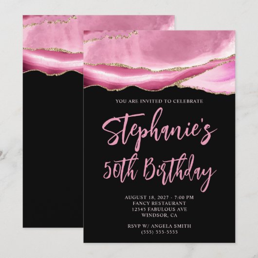 Roze en Gouden Agaat Zwart Vet 50ste Verjaardag Kaart (Voorkant / Achterkant)