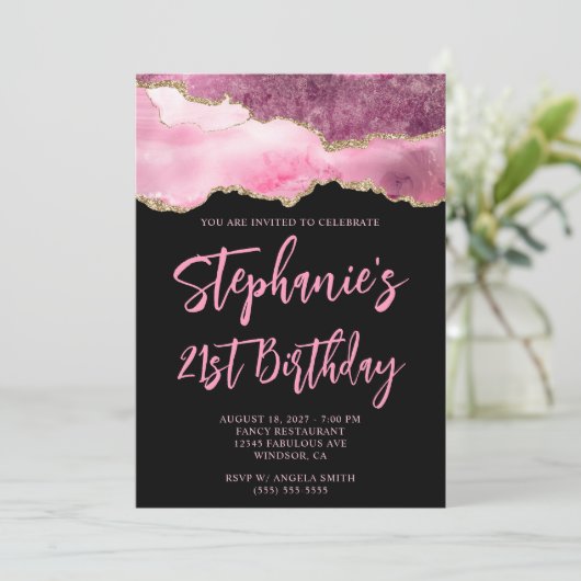 Roze en gouden agaat Zwarte 21e verjaardag vet Kaart (Staand voorkant)