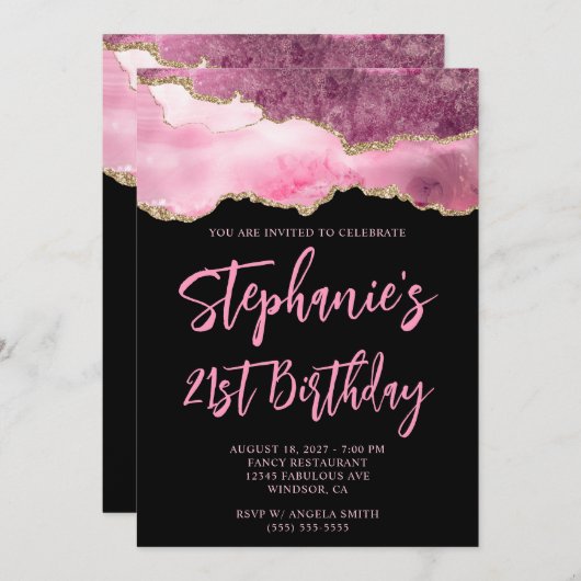 Roze en gouden agaat Zwarte 21e verjaardag vet Kaart (Voorkant / Achterkant)