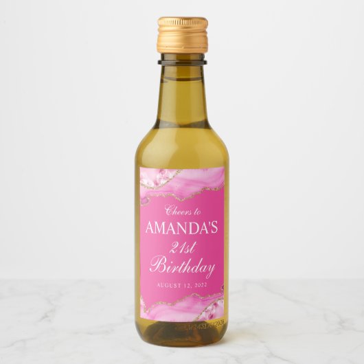 Roze en gouden agat marmer wijn etiket (Voorkant)