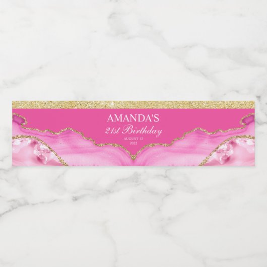 Roze en Gouden Agate Marmer Waterfles Label Etiket (Enkel label)