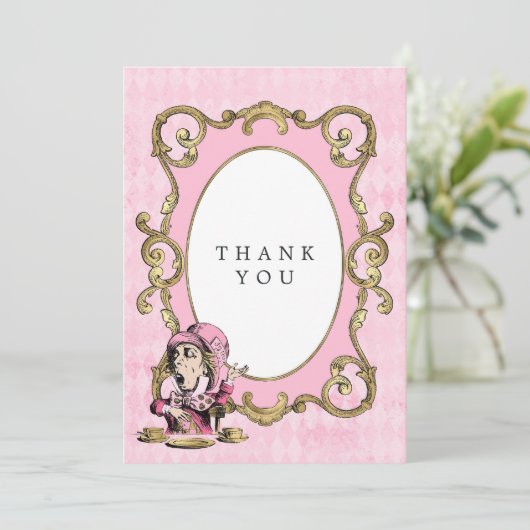 Roze en gouden Alice in het Wonderland Baby shower Bedankkaart (Staand voorkant)