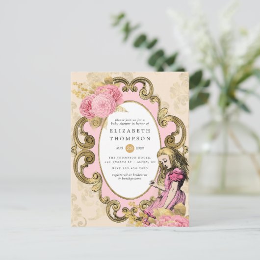 Roze en gouden Alice in het Wonderland Baby shower Briefkaart (Staand voorkant)