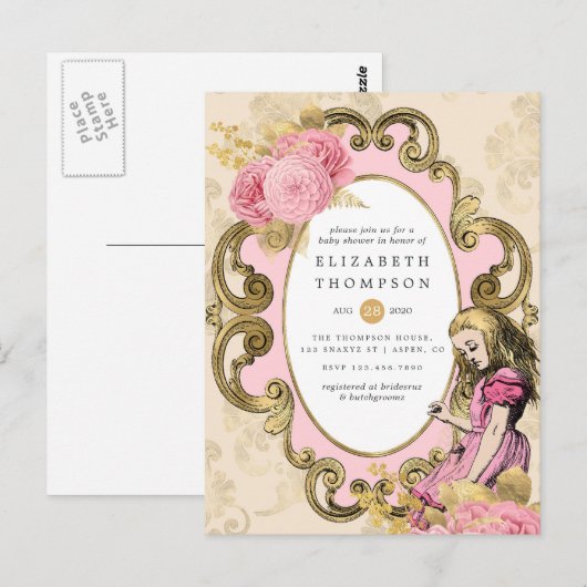 Roze en gouden Alice in het Wonderland Baby shower Briefkaart (Voorkant / Achterkant)