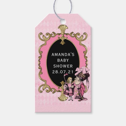 Roze en gouden Alice in het Wonderland Baby shower Cadeaulabel (Voorkant)