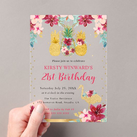 Roze en gouden ananas en flamingo 21ste verjaardag acryl uitnodigingen (Insitu (Draagbaar))