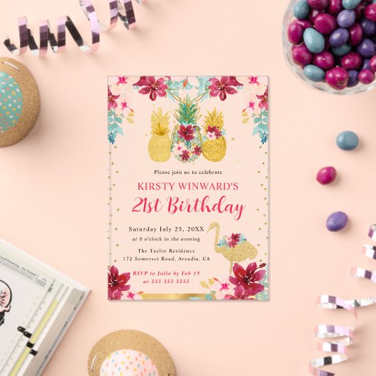 Roze en gouden ananas en flamingo 21ste verjaardag acryl uitnodigingen (Insitu (Viering))