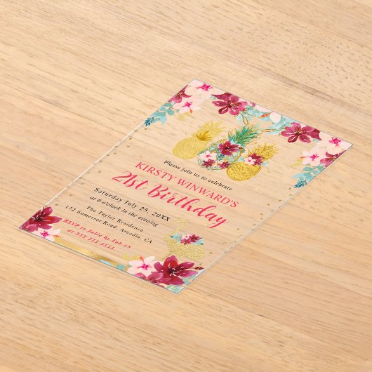 Roze en gouden ananas en flamingo 21ste verjaardag acryl uitnodigingen (Laagn)