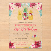 Roze en gouden ananas en flamingo 21ste verjaardag acryl uitnodigingen (Voorkant)