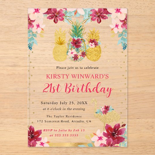 Roze en gouden ananas en flamingo 21ste verjaardag acryl uitnodigingen (Voorkant)