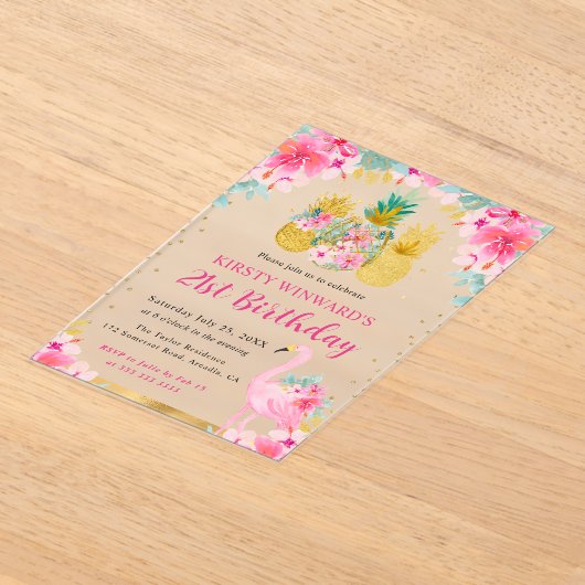 Roze en gouden ananas en flamingo 21ste verjaardag acryl uitnodigingen (Laagn)