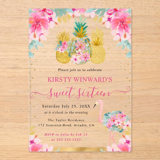 Roze en gouden ananas en flamingo zoet 16 acryl uitnodigingen (Voorkant)