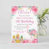 Roze en Gouden Ananas & Flamingo Kids Verjaardag Kaart (Staand voorkant)