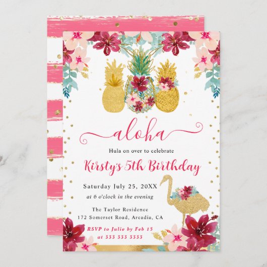 Roze en Gouden Ananas & Flamingo Kids Verjaardag Kaart (Voorkant / Achterkant)