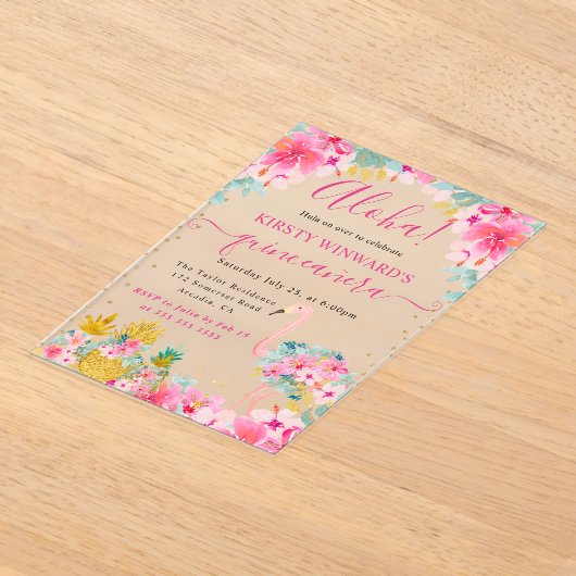 Roze en Gouden Ananas & Flamingo Quinceanera Acryl Uitnodigingen (Laagn)