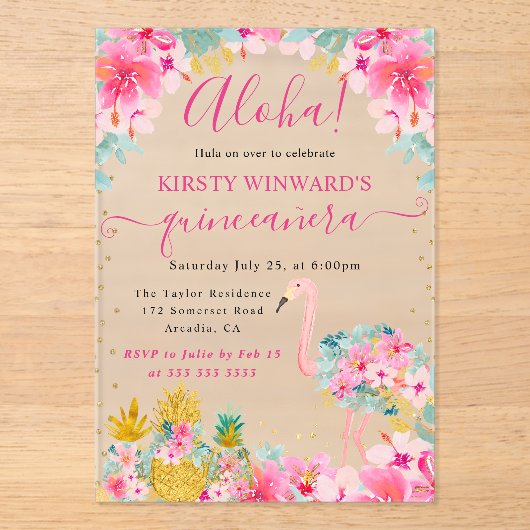 Roze en Gouden Ananas & Flamingo Quinceanera Acryl Uitnodigingen (Voorkant)