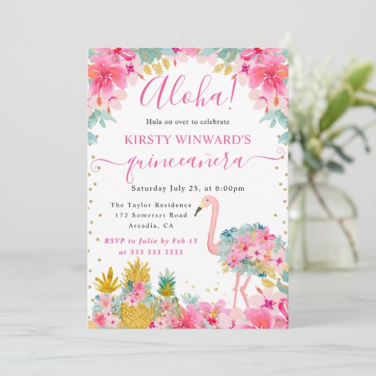 Roze en Gouden Ananas & Flamingo Quinceanera Kaart (Staand voorkant)