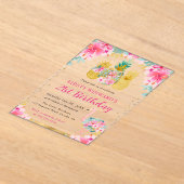 Roze en gouden ananassen en flamingo 21e verjaarda acryl uitnodigingen (Laagn)