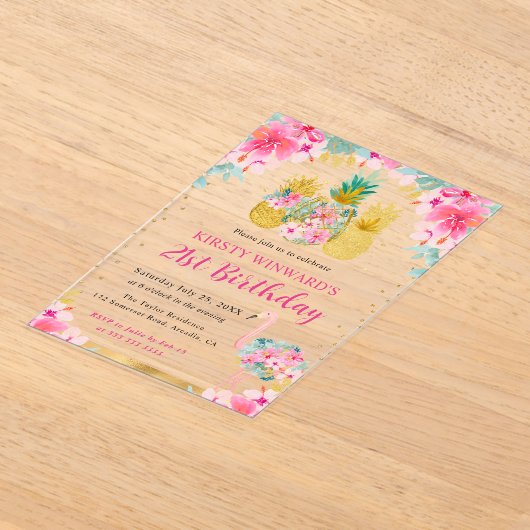 Roze en gouden ananassen en flamingo 21e verjaarda acryl uitnodigingen (Laagn)