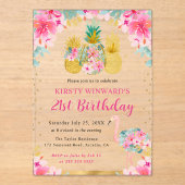 Roze en gouden ananassen en flamingo 21e verjaarda acryl uitnodigingen (Voorkant)