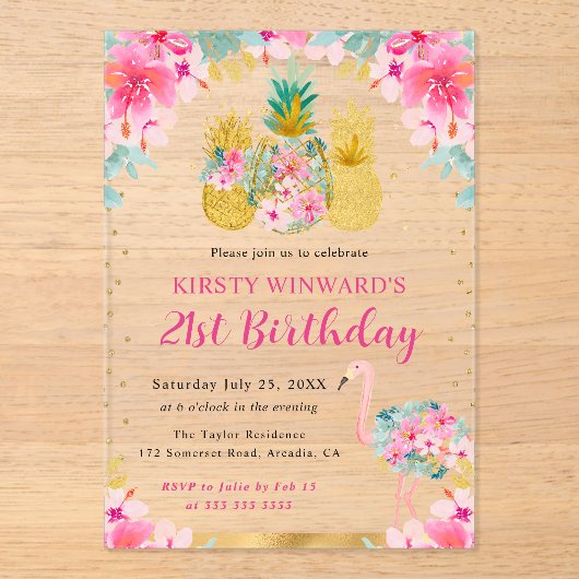 Roze en gouden ananassen en flamingo 21e verjaarda acryl uitnodigingen (Voorkant)