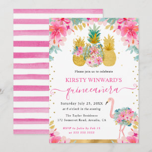 Roze en Gouden Ananassen en Flamingo Quinceanera Kaart