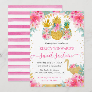 Roze en gouden ananassen en flamingo Sweet 16 Kaart