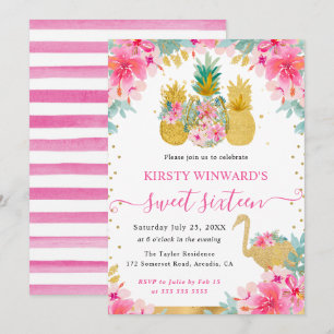 Roze en Gouden Ananassen en Flamingo Sweet 16 Kaart