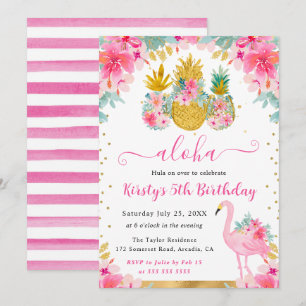 Roze en Gouden Ananassen & Flamingo Kinderverjaard Kaart