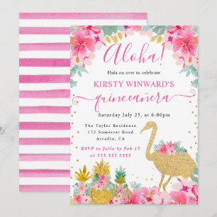 Roze en Gouden Ananassen & Flamingo Quinceanera Kaart