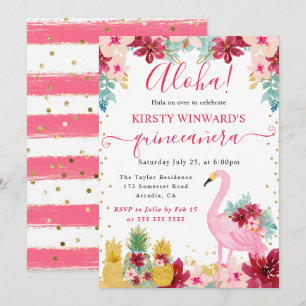 Roze en Gouden Ananassen & Flamingo Quinceanera Kaart