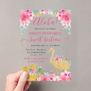 Roze en gouden ananassen & flamingo Sweet 16 Acryl Uitnodigingen