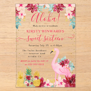 Roze en Gouden Ananassen & Flamingo Sweet 16 Acryl Uitnodigingen