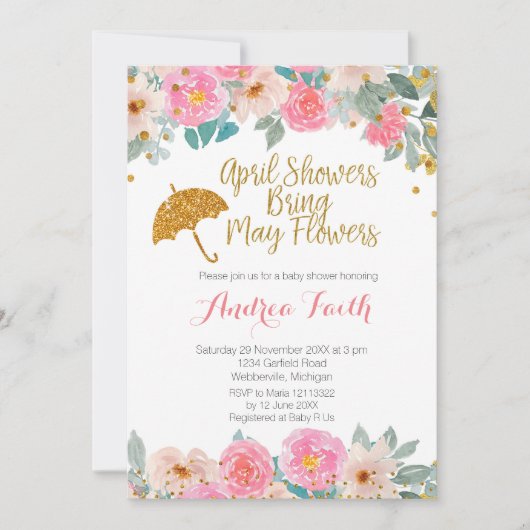 Roze en gouden aprilbuien brengen may bloemen kaart (Voorkant)