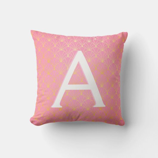 Roze en gouden Art Deco Monogrammed Initiaal Accen Kussen (Voorkant)