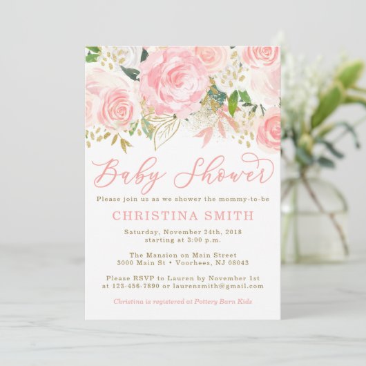 Roze en Gouden Baby Douche Uitnodigingen (Staand voorkant)