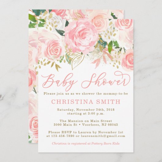 Roze en Gouden Baby Douche Uitnodigingen (Voorkant / Achterkant)