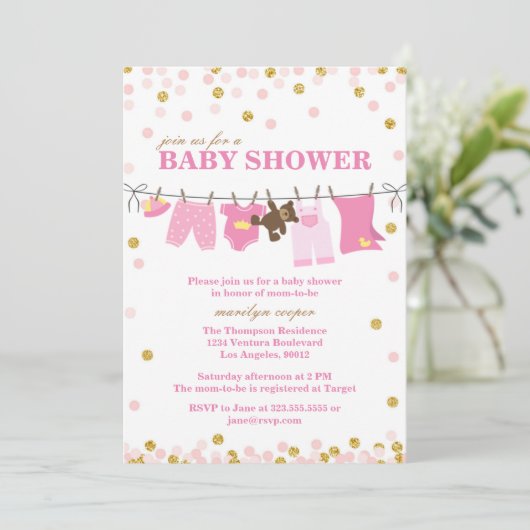 Roze en Gouden Baby Douche Uitnodigingen (Staand voorkant)