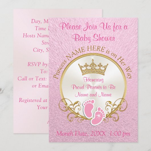 Roze en Gouden Baby Douche Uitnodigingen, Personal Kaart (Voorkant / Achterkant)