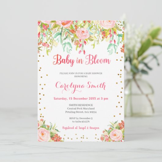 Roze en gouden Baby in Bloom Baby shower Invitatio Kaart (Staand voorkant)