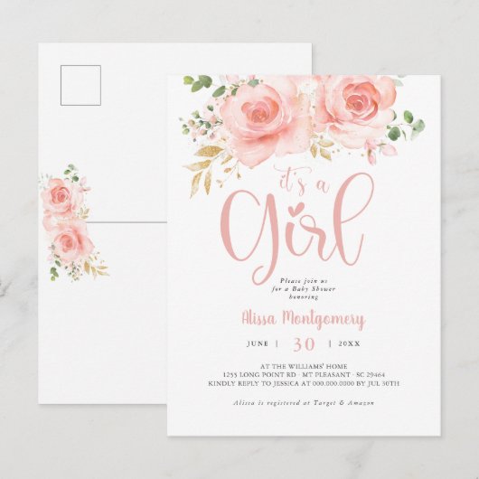 Roze en gouden Baby shower Briefkaart (Voorkant / Achterkant)