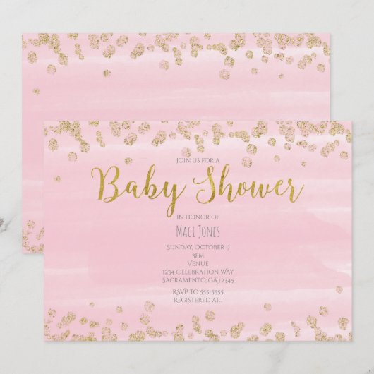 Roze en gouden baby shower uitnodigingen in lichtr (Voorkant / Achterkant)