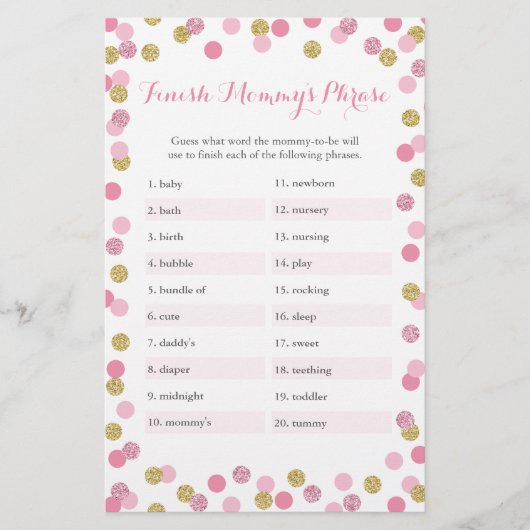 Roze en gouden Baby shower Voltooi het Phrase Game (Voorkant)