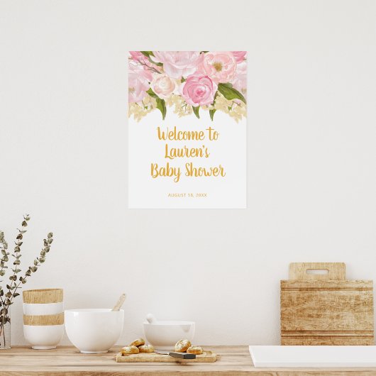 Roze en gouden Baby shower Welkomstteken, Floral Poster (Keuken)