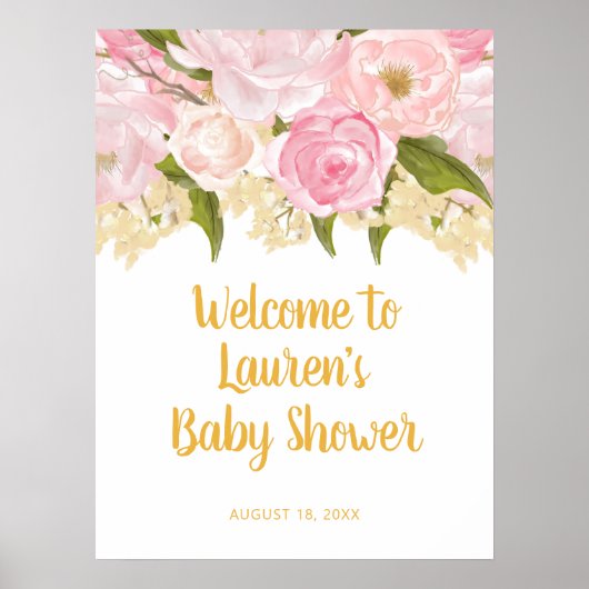 Roze en gouden Baby shower Welkomstteken, Floral Poster (Voorkant)