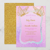 Roze en gouden Baby shower Whimsical Butterfly Kaart (Voorkant / Achterkant)